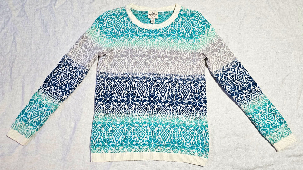 St John's Bay Women's Size M Fair Isle Knit Pullover Sweater Teal Blue Geometric